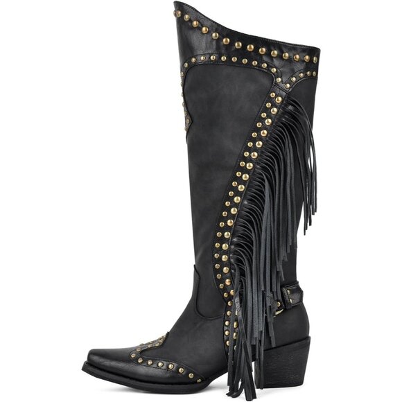 ⚡Women's Black Tassels Under the Knee High Boots Studded Zip Up Faux Leather